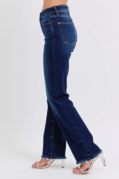 Dark wash Judy Blue full size raw hem straight leg jeans with classic fit and distressed details, front view.