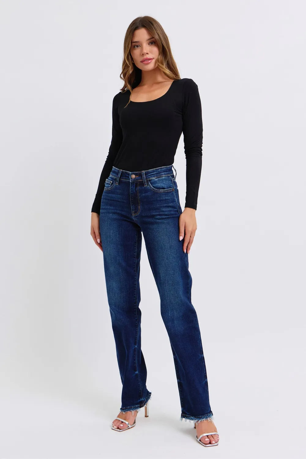 Dark wash Judy Blue full-size raw hem straight leg jeans with classic five-pocket style and relaxed fit.
