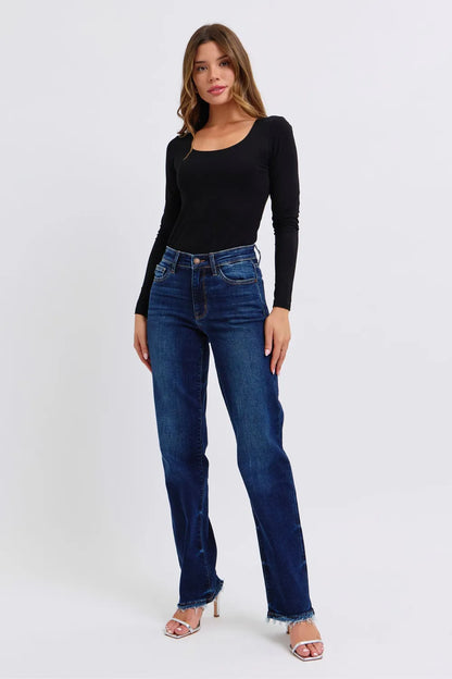 Dark wash Judy Blue full-size raw hem straight leg jeans with classic five-pocket style and relaxed fit.