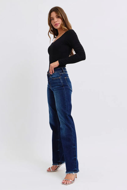 Dark wash Judy Blue full-size raw hem straight leg jeans shown on model, featuring classic denim style and relaxed fit.