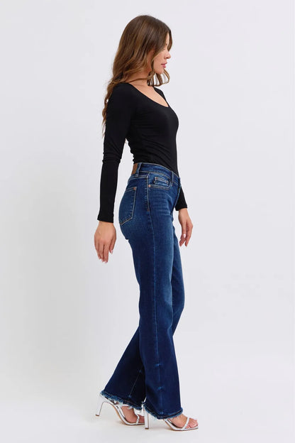 Dark wash Judy Blue full-size raw hem straight leg jeans with classic five-pocket design and distressed details.