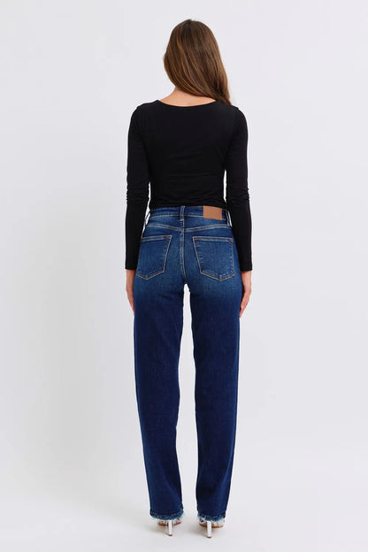 Dark wash Judy Blue full size straight leg jeans with raw hem, featuring classic denim style and a relaxed fit.