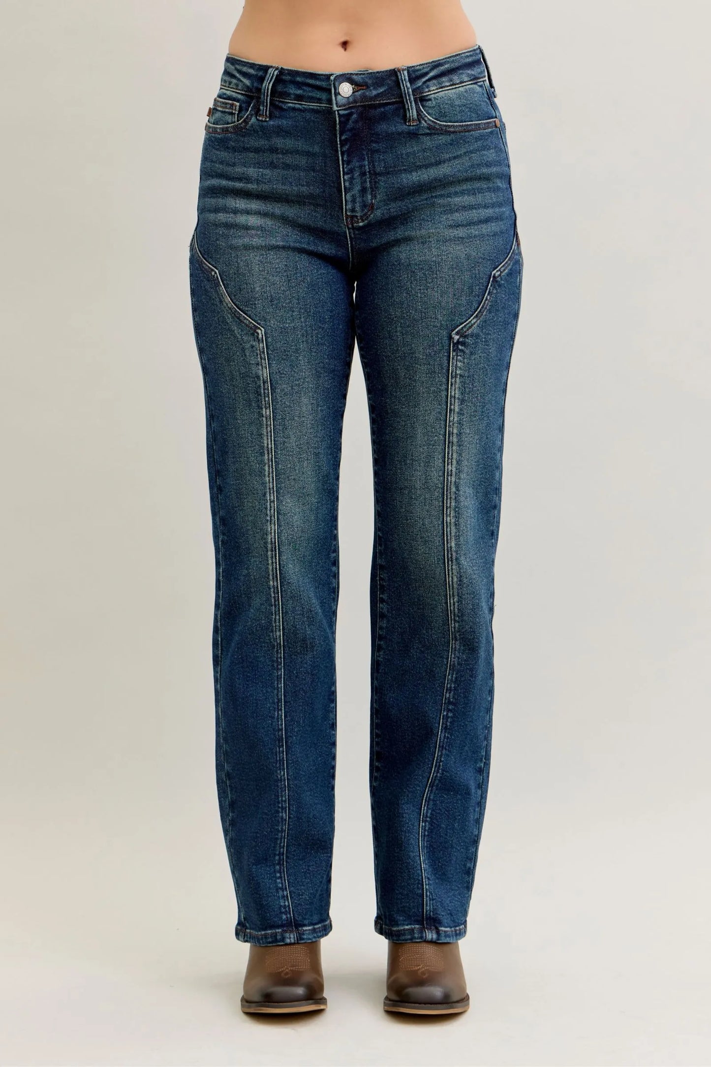 Plus size Judy Blue straight leg jeans with seam detail, dark wash, full size fit, high-rise style, casual and versatile denim.