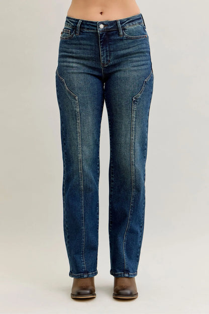Plus size Judy Blue straight leg jeans with seam detail, dark wash, full size fit, high-rise style, casual and versatile denim.