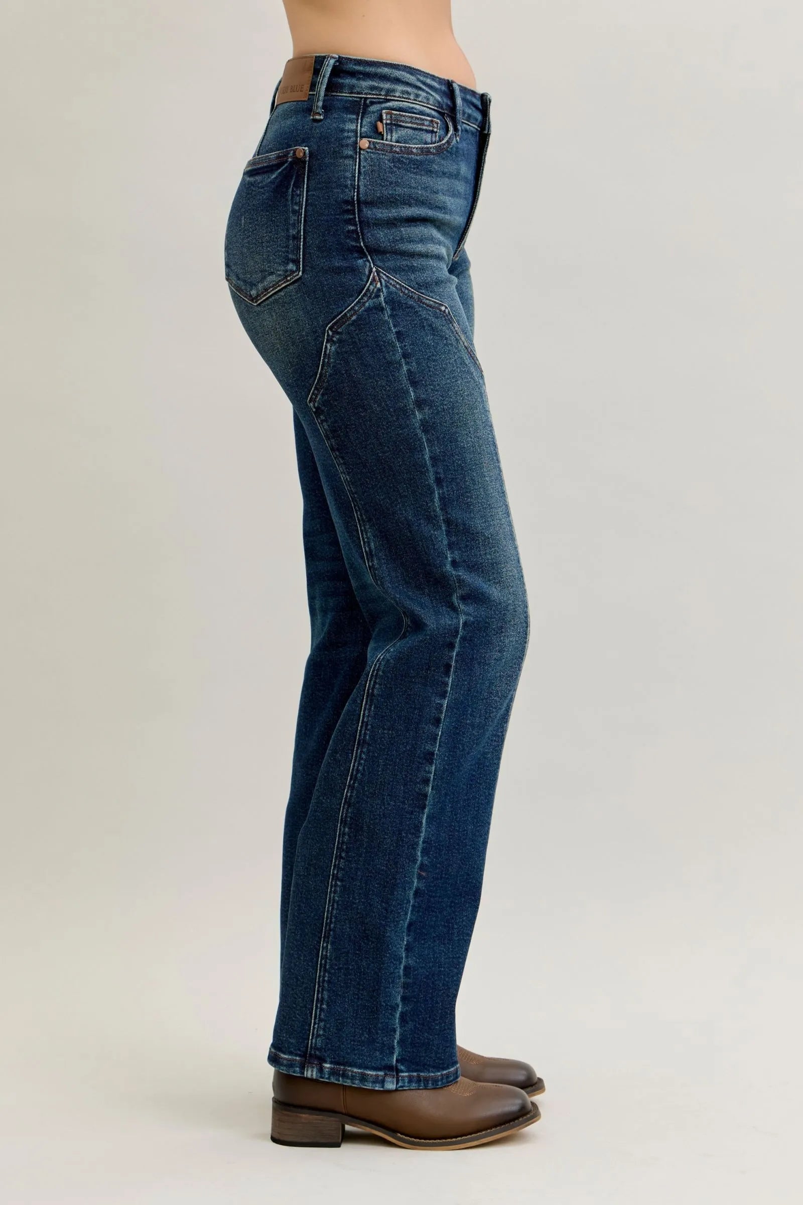 Dark wash Judy Blue plus size straight leg jeans with seam detail, full length, casual denim style, by Trendsi.