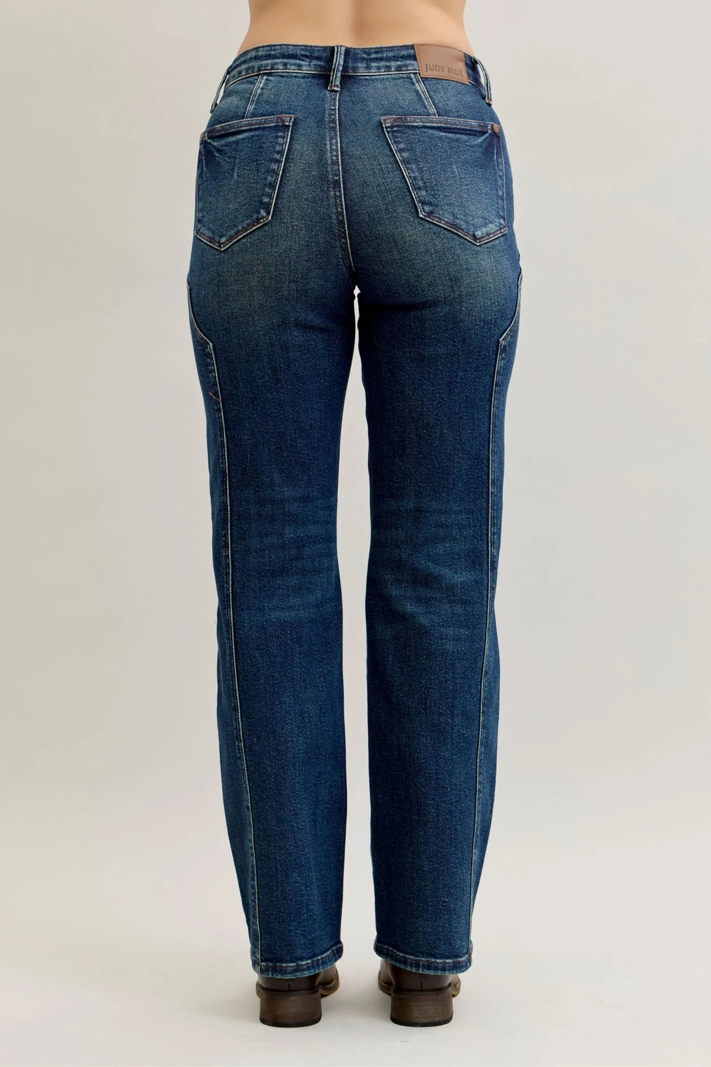 Dark wash Judy Blue plus size straight leg jeans with seam detail, full length, showcasing a comfortable, stylish fit.