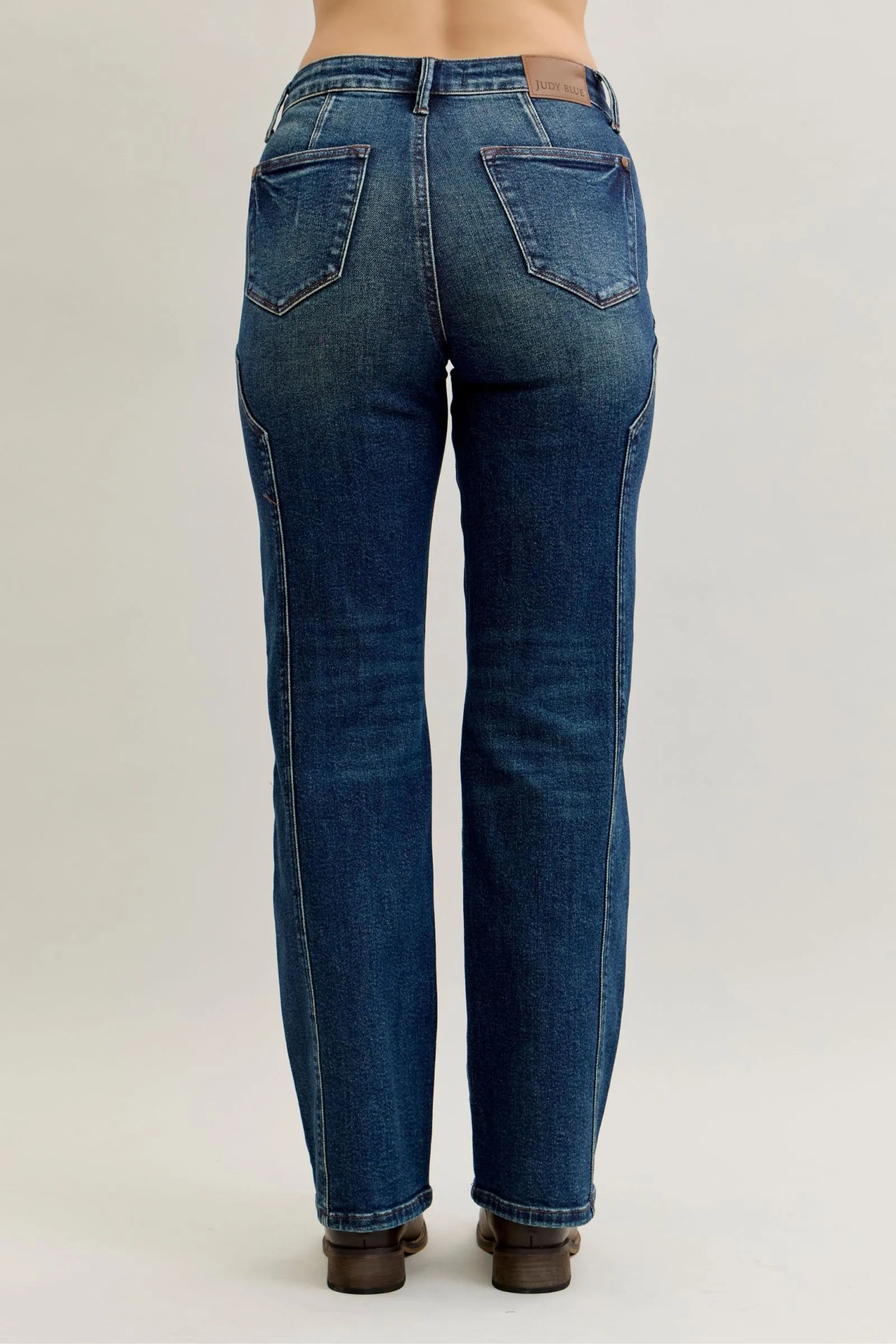 Dark wash Judy Blue plus size straight leg jeans with seam detail, full length, showcasing a comfortable, stylish fit.