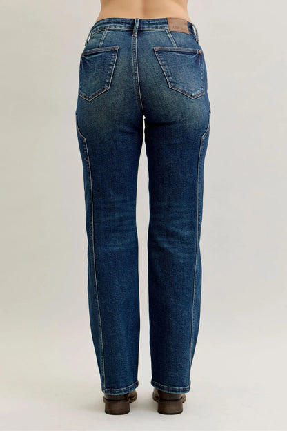 Dark wash Judy Blue plus size straight leg jeans with seam detail, full length, showcasing a comfortable, stylish fit.