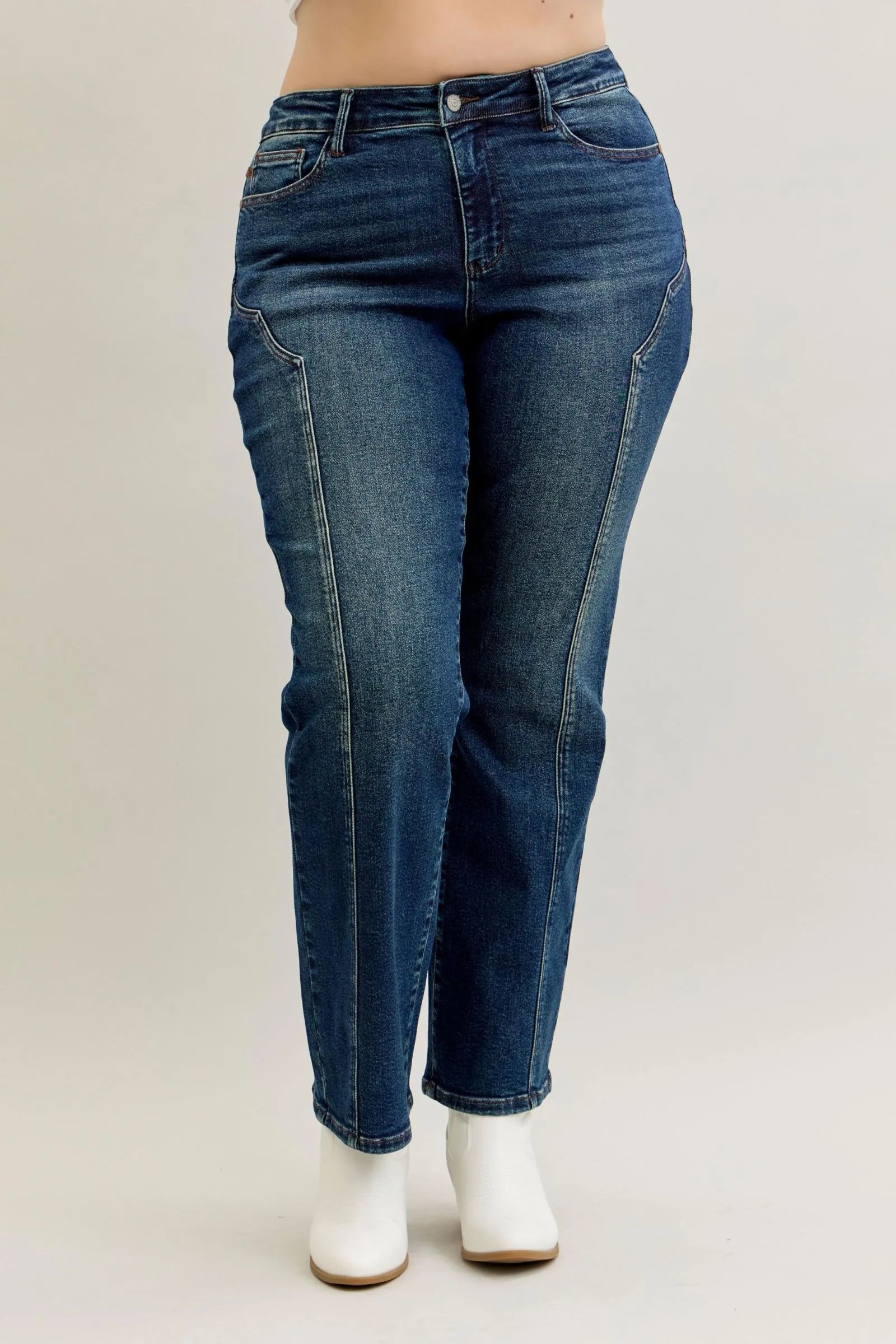 Plus size Judy Blue straight leg jeans with seam details, dark wash, full length, designed for a comfortable fit.