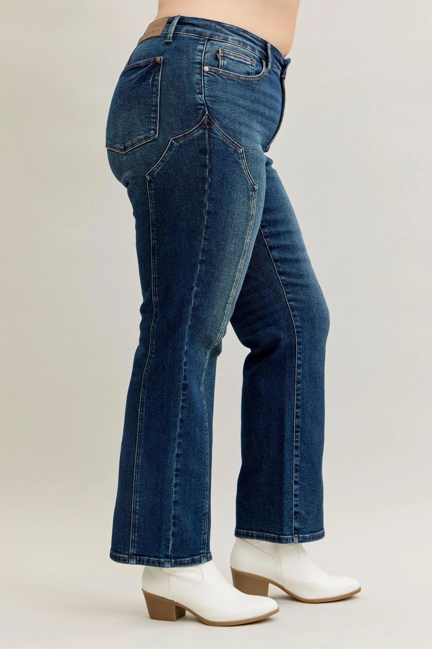 Plus size Judy Blue straight leg jeans with seam detail, dark wash, full length, casual style, by Trendsi.