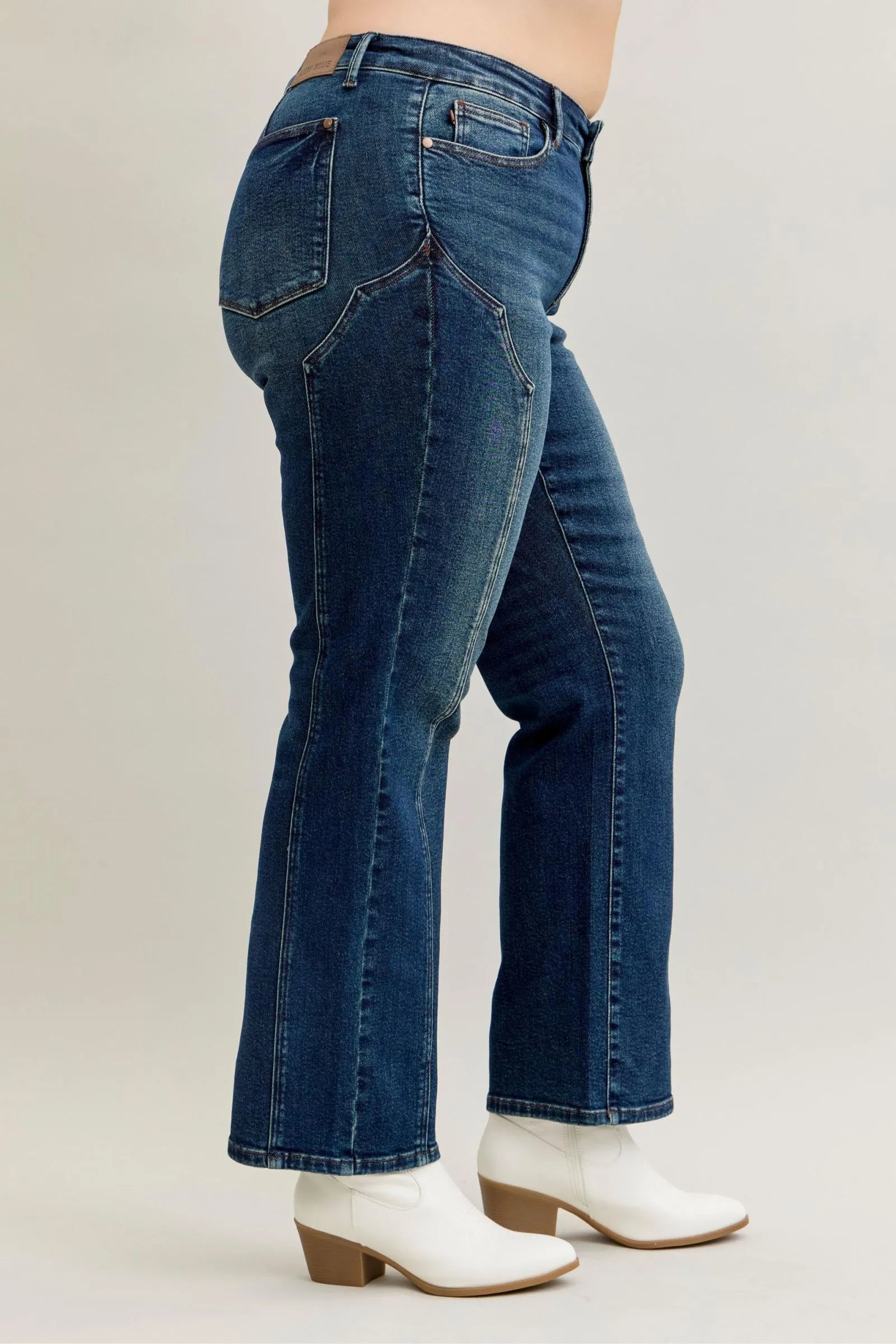 Plus size Judy Blue straight leg jeans with seam detail, dark wash, full length, casual style, by Trendsi.