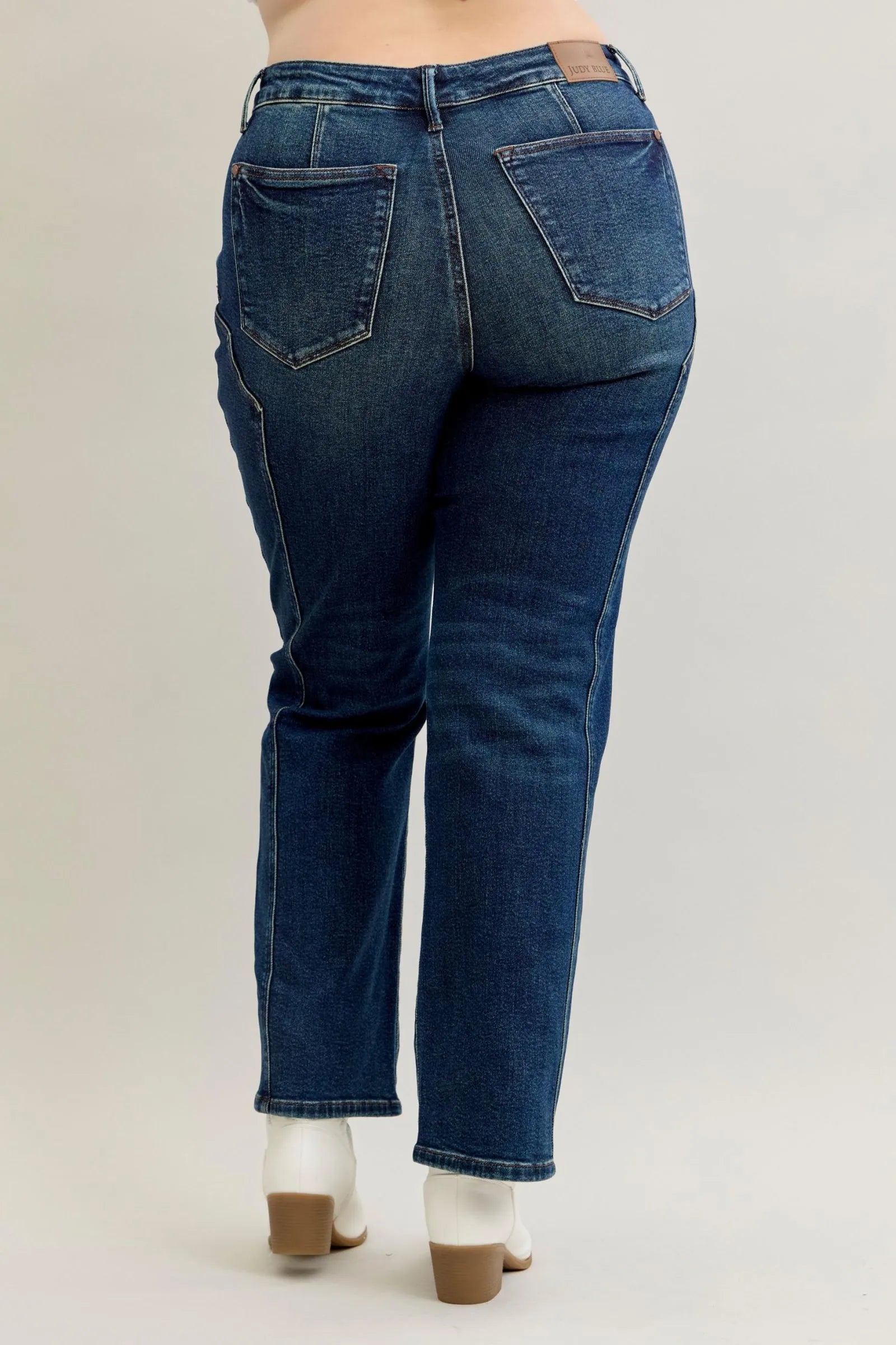 Dark wash Judy Blue full size straight leg jeans with seam detail, plus size, showcasing the classic fit and stylish design.