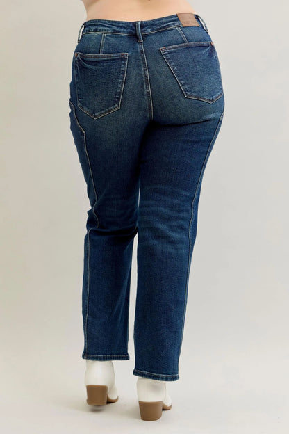 Dark wash Judy Blue full size straight leg jeans with seam detail, plus size, showcasing the classic fit and stylish design.
