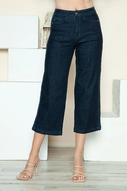 Dark wash Judy Blue wide-leg crop jeans with side seam braid detail, featuring a full-size fit and stylish design.