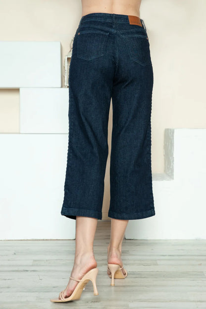 Dark Judy Blue wide-leg crop jeans with side seam braid detail, featuring a full-size fit and stylish design.
