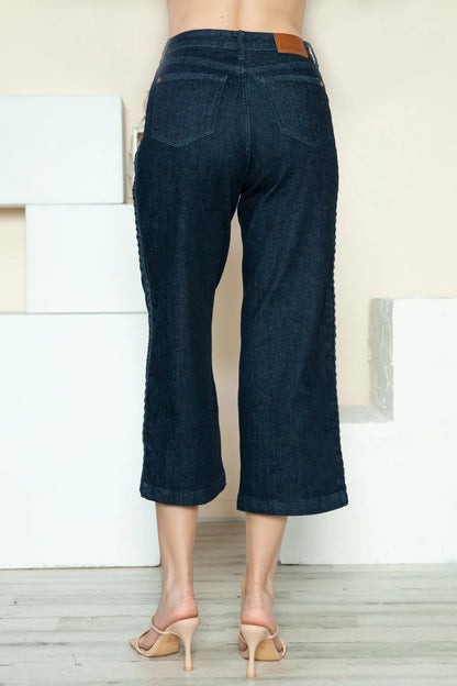 Dark Judy Blue crop wide-leg jeans with side seam braid detail, full size, featuring a stylish, relaxed fit and trendy design.