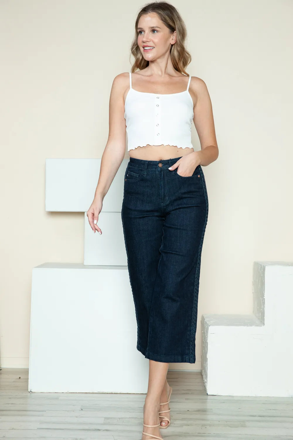 Dark Judy Blue full-size crop wide-leg jeans with side seam braid detail and high-rise waist, featuring a relaxed fit and stylish design.