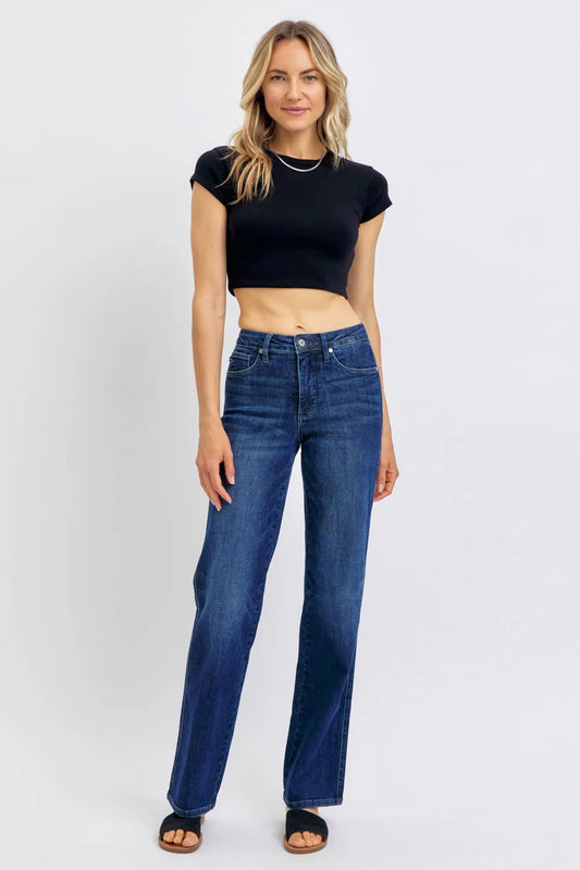 Dark wash Judy Blue plus size straight jeans with tummy control, full length, designed for a comfortable fit.