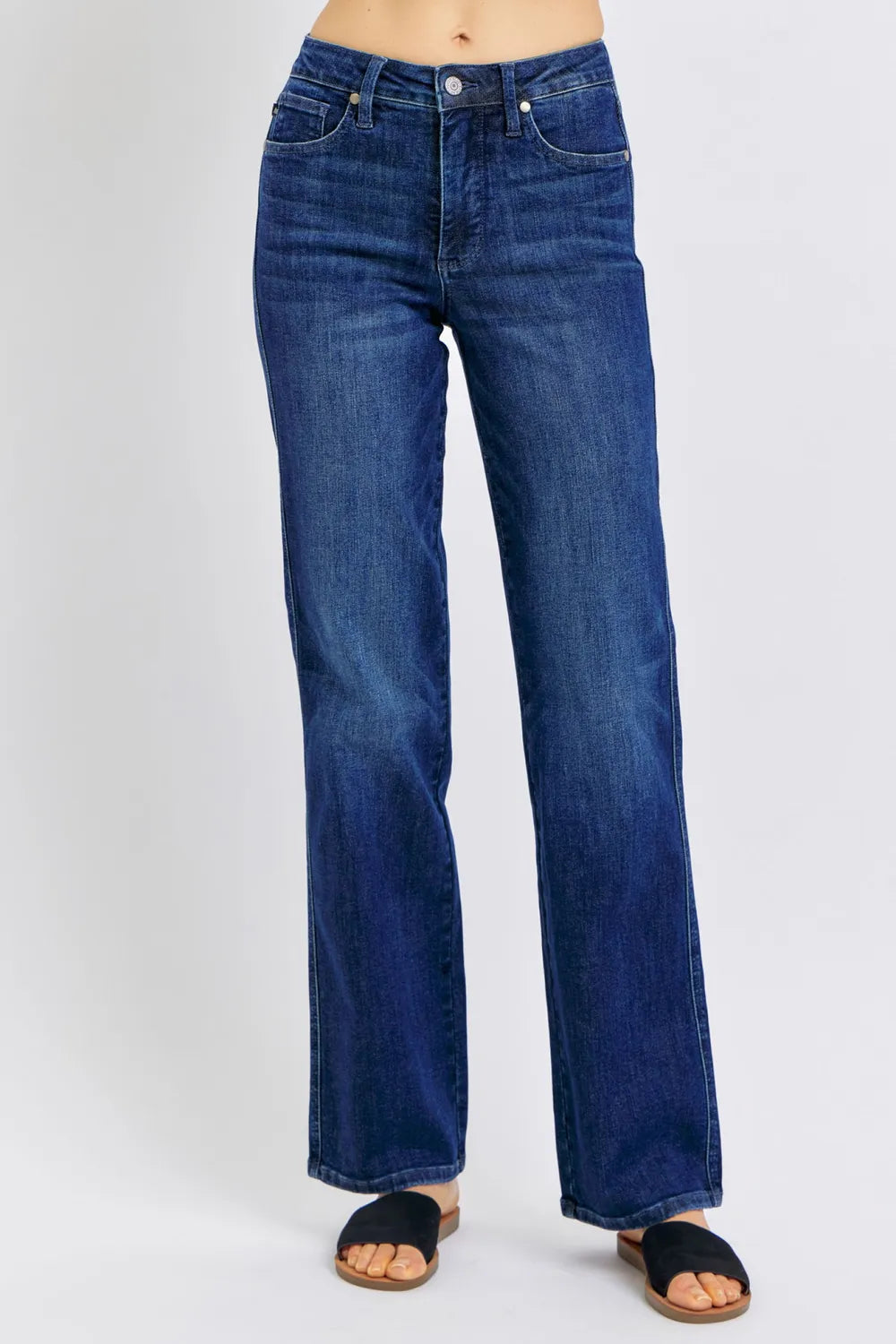Plus size Judy Blue straight jeans with tummy control, dark wash, full-length fit, designed for comfortable, flattering wear