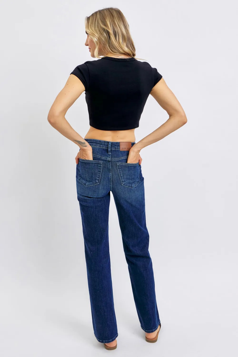 Dark wash Judy Blue full-size tummy control straight jeans, plus size, with classic denim look and comfortable fit.