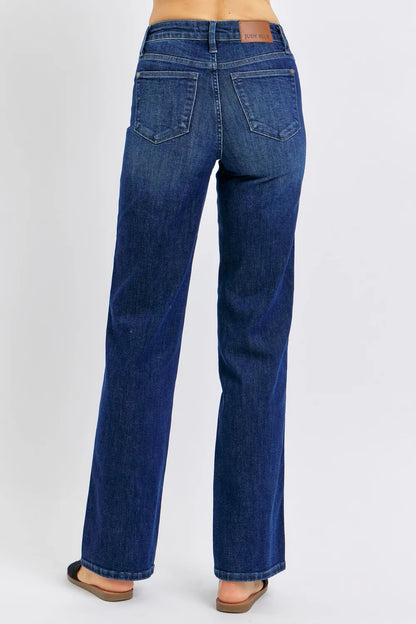 Dark wash Judy Blue plus size straight jeans with tummy control and full size fit, showcasing a comfortable, stylish denim look.