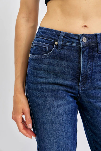 Dark wash Judy Blue full-size tummy control straight jeans for women, featuring a comfortable fit and classic denim style.