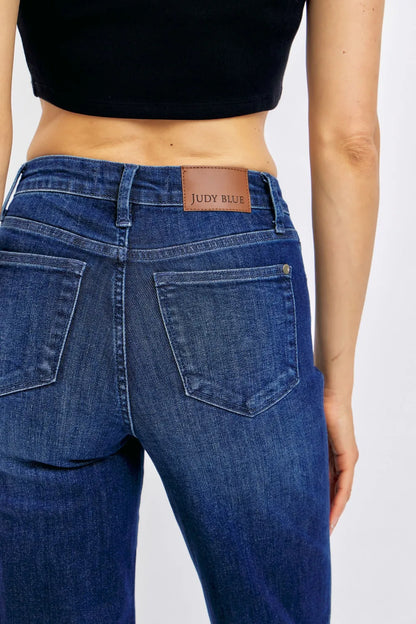 Dark wash Judy Blue full-size tummy control straight jeans, plus size denim with a comfortable fit and classic straight-leg style.