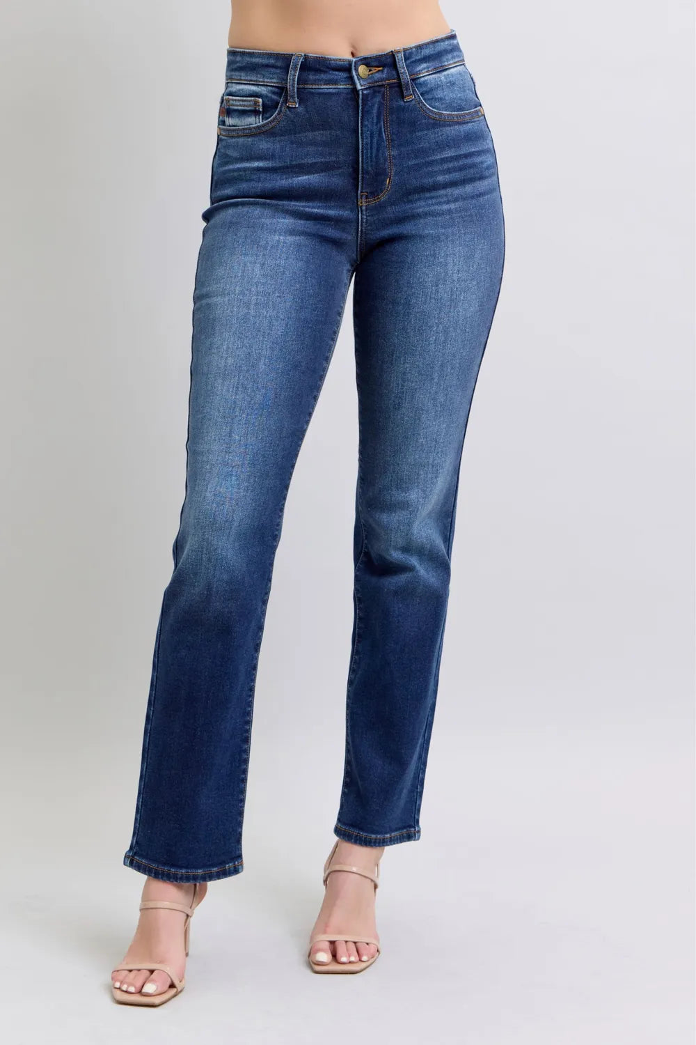 Dark washed Judy Blue full-size straight leg jeans with front and back pockets, showcasing a classic denim style.
