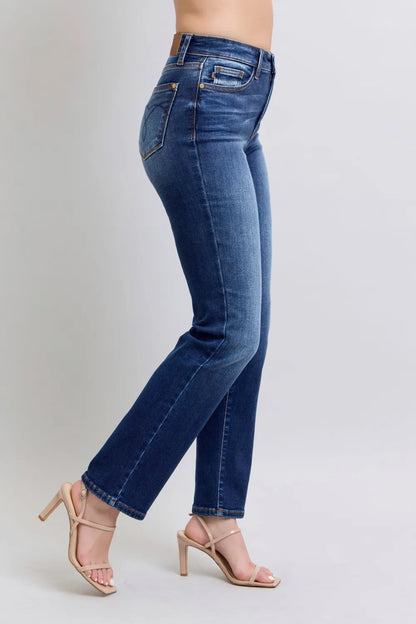 Dark washed Judy Blue full-size straight-leg jeans with pockets, displayed on a model showcasing their fit and style.