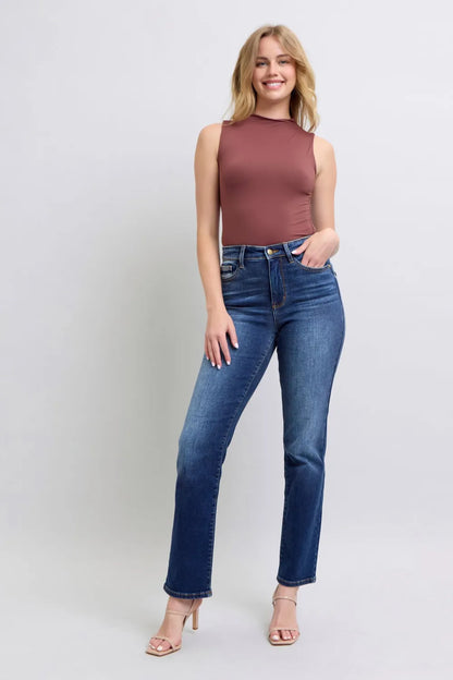 Dark washed Judy Blue full-size straight leg jeans with front and back pockets, showcasing classic denim style.
