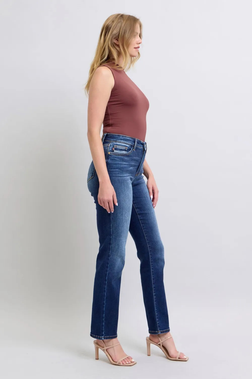 Dark wash Judy Blue full size straight leg jeans with pockets, showcasing classic denim style and a relaxed fit.