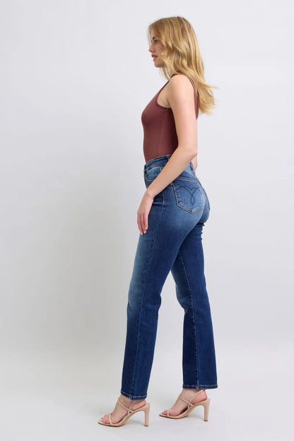 Dark wash Judy Blue full-size straight leg jeans with pockets, showcasing casual denim style and classic fit.