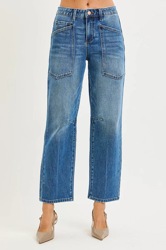 Dark RISEN 4-way stretch mid-rise barrel jeans by Trendsi with patch pockets and stylish fit, perfect for casual wear.