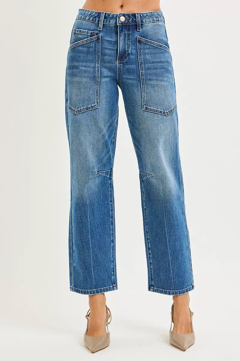 Dark Risen 4-way stretch mid-rise barrel jeans with patch pockets, showcasing a comfortable fit and stylish design.