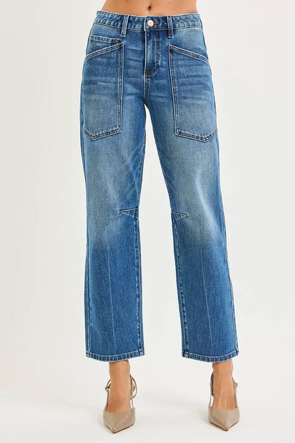 Dark Risen 4-way stretch mid-rise barrel jeans with patch pockets, showcasing a comfortable fit and stylish design.