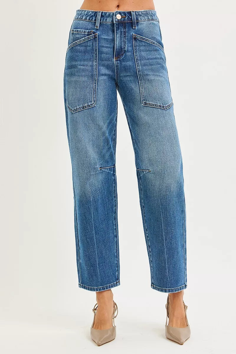 Dark RISEN 4-way stretch mid-rise barrel jeans by Trendsi featuring patch pockets and a relaxed fit.