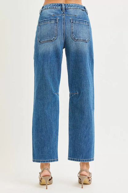 Dark Risen 4-way stretch mid-rise barrel jeans by Trendsi with patch pockets and a modern fit, displayed on a neutral background.