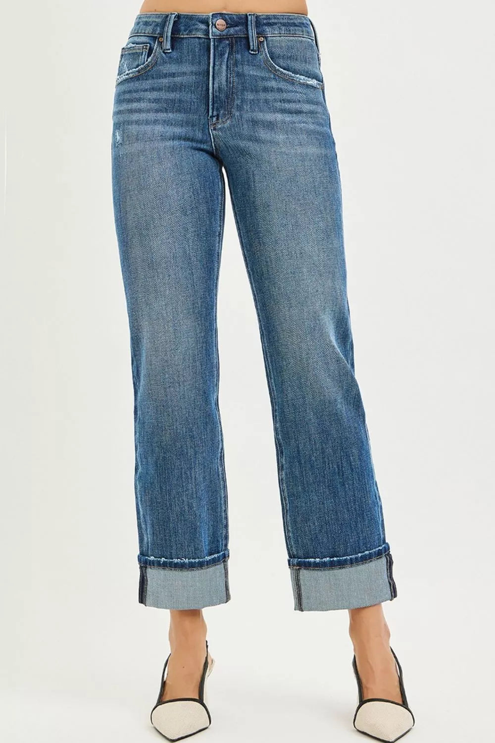 Dark-colored Trendsi RISEN full size 4-way stretch slouchy straight jeans with cuffed hem, plus size, casual and comfortable fit