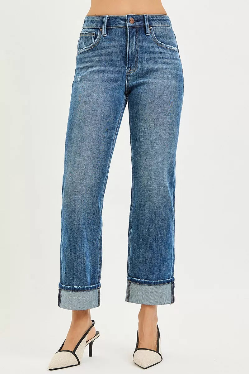 Plus size RISEN full size 4-way stretch slouchy straight jeans with cuffed hem, featuring a relaxed fit and dark wash.