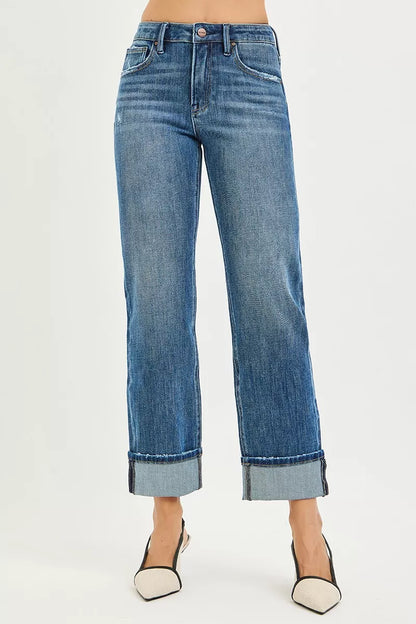 Dark plus size RISEN full size 4-way stretch slouchy straight jeans with cuffed hem, styled for a relaxed, comfortable fit.