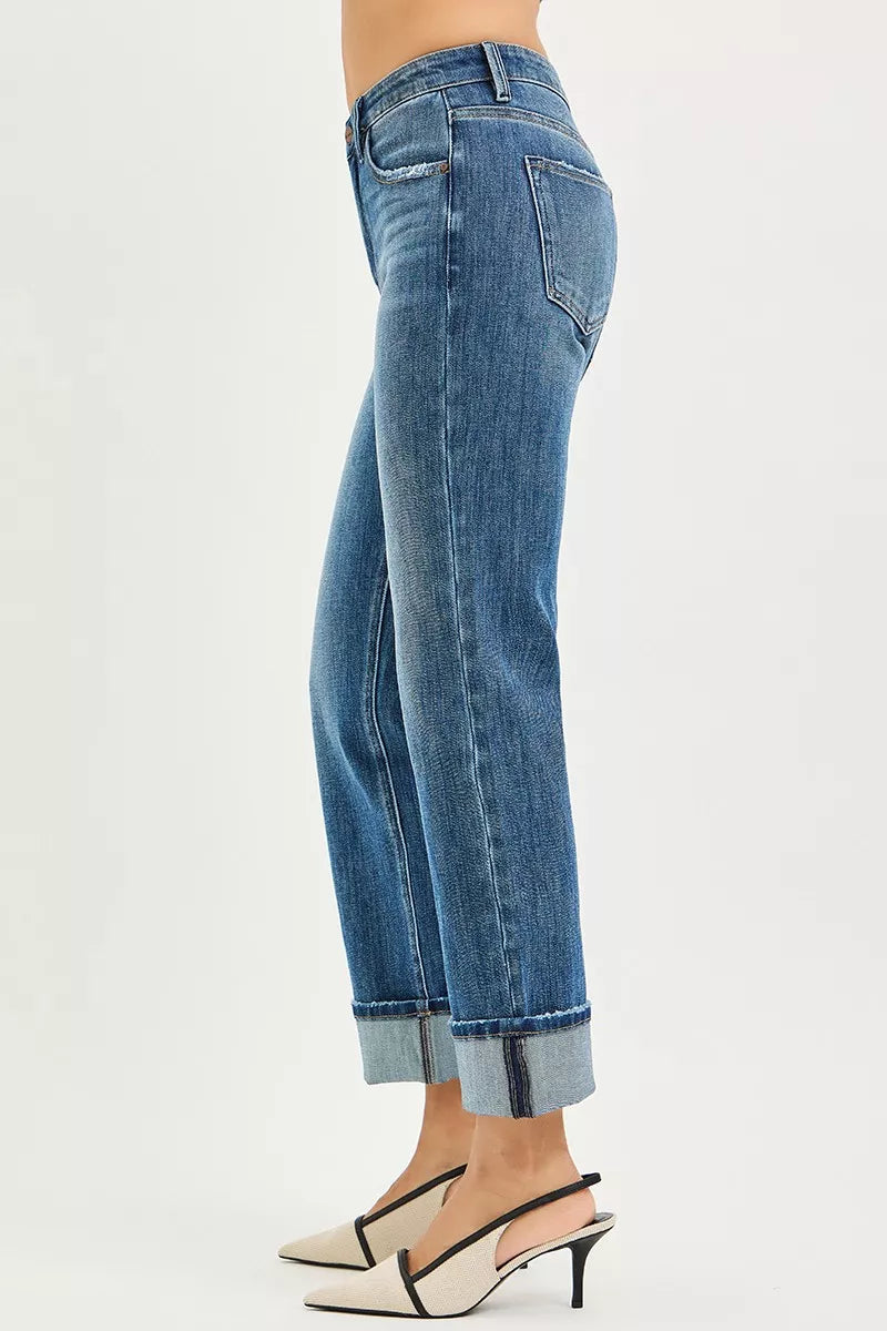 Dark grey Risen full-size 4-way stretch slouchy straight jeans with cuffed hem, plus size, by Trendsi.