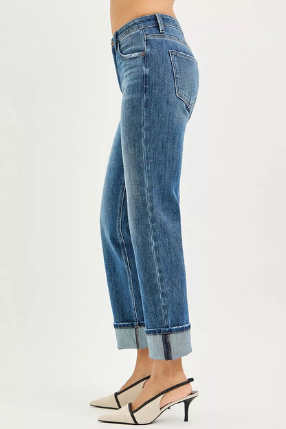 Dark grey Risen full-size 4-way stretch slouchy straight jeans with cuffed hem, plus size, by Trendsi.