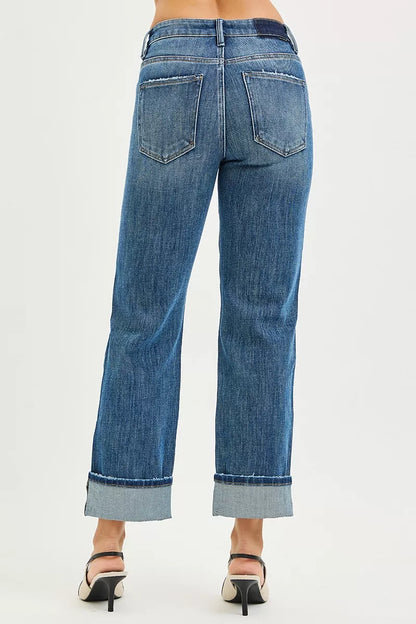 Dark plus size RISEN full size 4-way stretch slouchy straight jeans with cuffed hem, designed for comfortable, relaxed fit.