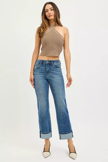 Dark plus size RISEN full size 4-way stretch slouchy straight jeans with cuffed hem, designed by Trendsi.