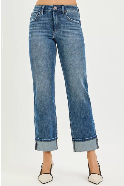 Dark plus size RISEN full size 4-way stretch slouchy straight jeans with cuffed hem, by Trendsi, shown on a model.