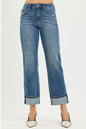 Dark plus size RISEN full size 4-way stretch slouchy straight jeans with cuffed hem, by Trendsi, shown on a model.