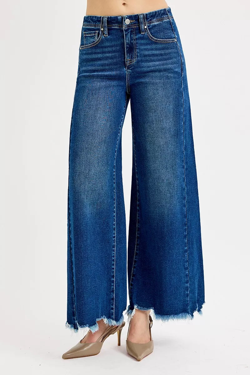 Dark wash Risen full-size high-rise ankle wide jeans from Trendsi, showcasing the relaxed fit and stylish silhouette.