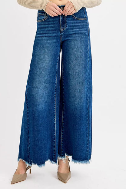 Dark wash Risen high-rise ankle wide jeans by Trendsi, plus size, with a relaxed fit and classic denim style.