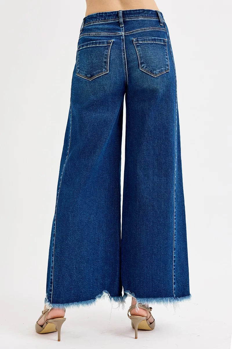 Dark blue Risen full size high-rise ankle wide jeans by Trendsi, shown on a model with a relaxed fit and classic five-pocket design.