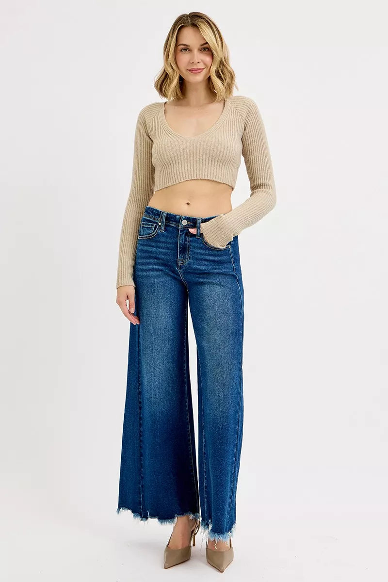 Dark wash plus size RISEN high-rise ankle wide jeans by Trendsi, featuring a full size fit and stylish wide-leg design.